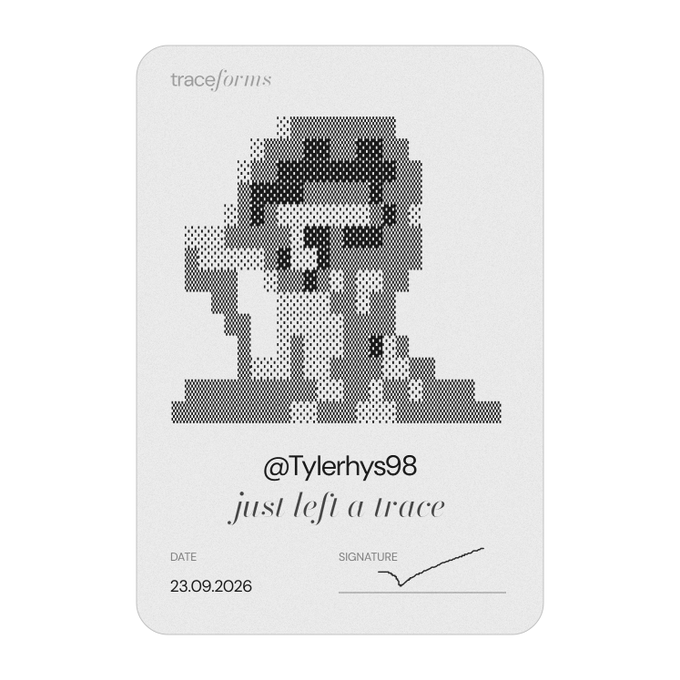 A digital artwork or trading card by 'traceforms' displays a pixelated black-and-white figure with the username '@Tylerhys98', the phrase 'just left a trace', and a date of '23.09.2026'.