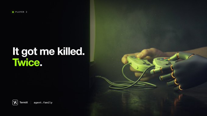 A dark game-style advertisement for Termix shows a hand using a controller and reads, “It got me killed. Twice.” with “Termix | agent.family” at the bottom.