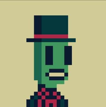 A pixel art illustration on a yellow background showing a green-skinned figure wearing a dark top hat with a red band and a dark red patterned outfit.
