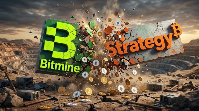 A 3D rendered promotional graphic shows the Bitmine and Strategy₿ logos colliding and shattering in an explosion of gold Bitcoin and cryptocurrency coins against a desert landscape.
