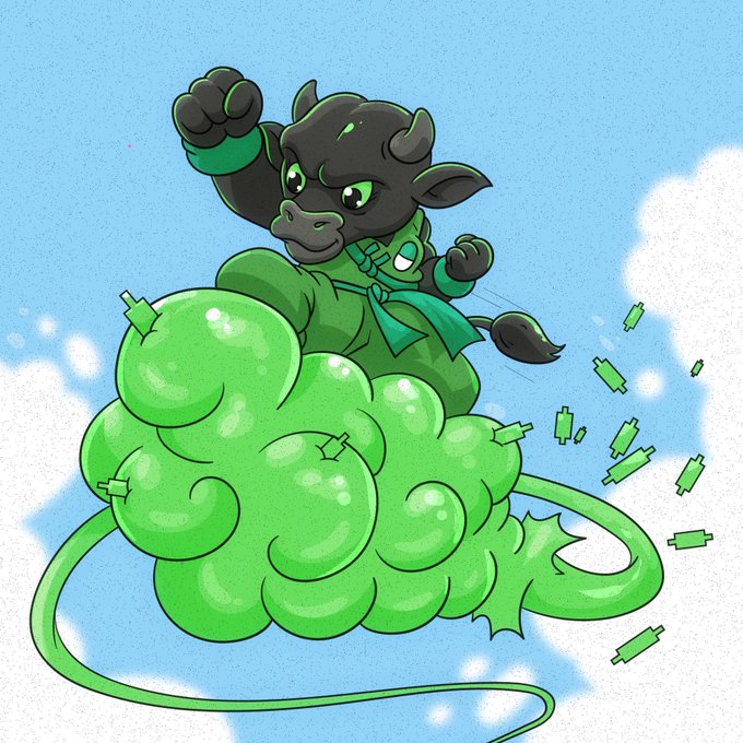 A cartoonish black bull character with green eyes flexes its fist triumphantly while riding atop a green cloud-like formation resembling a market chart, surrounded by falling green candlesticks against a blue sky background. The image playfully illustrates the "bearish" reaction mentioned in the post, depicting a bullish mascot being overtaken by a downward cascade of green trading bars, symbolizing the crypto market's negative response to CZ's social media activity.