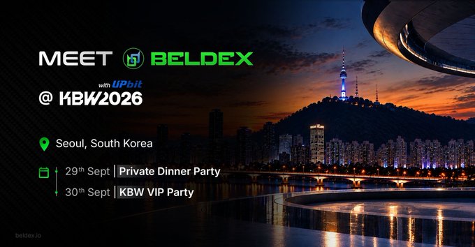 A promotional banner for 'MEET BELDEX with UPbit @ KBW2026' in Seoul, South Korea, featuring a nighttime cityscape with N Seoul Tower, advertising events on 29th Sept (Private Dinner Party) and 30th Sept (KBW VIP Party).