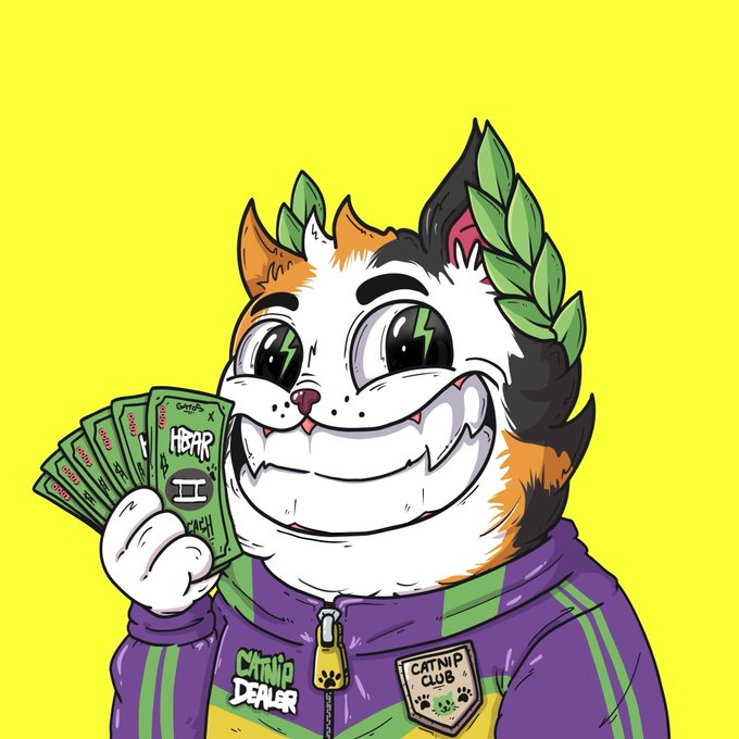 A cartoon calico cat with a wide grin and green leaf crown holds up cash while wearing a purple "Catnip Dealer" tracksuit with a "Catnip Club" paw-print badge, set against a bright yellow background. The image ties into the giveaway by visually representing the "Catnip Dealer" persona behind the @LosGatosNFT $HBAR project promotion.