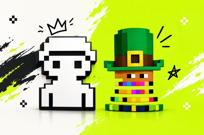 A promotional graphic featuring a white pixel-art character wearing a crown next to a colorful pixel-art chip/token character with a green leprechaun hat, set against a bright green background.