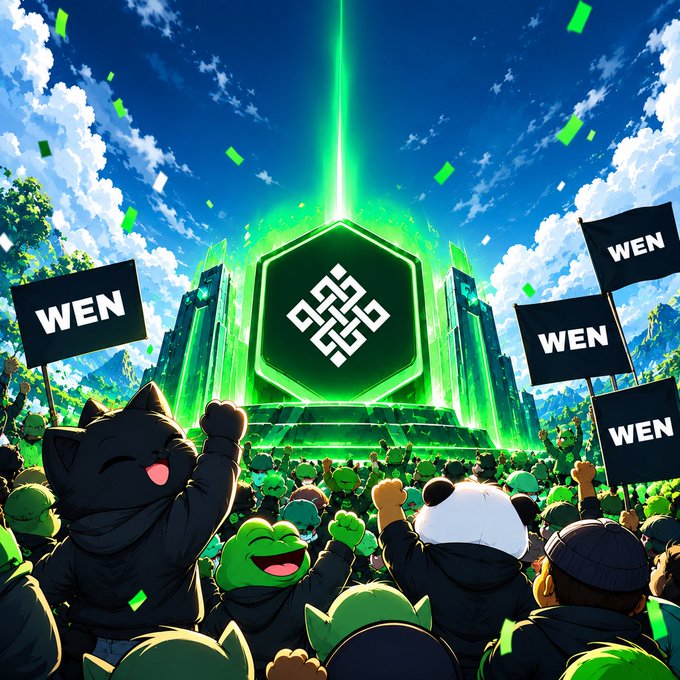 An anime-style illustration depicting a crowd of green characters cheering while holding signs reading 'WEN' beneath a large glowing green hexagonal Binance logo under a bright blue sky.