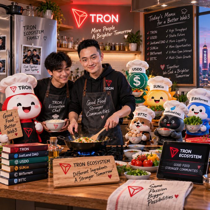 A promotional scene for the TRON ecosystem featuring two men cooking in a kitchen filled with TRON, USDD, SUN.io, BTTC, JustLend DAO, and BitTorrent mascot figures, with signage reading 'TRON - More People A Brighter Tomorrow.'