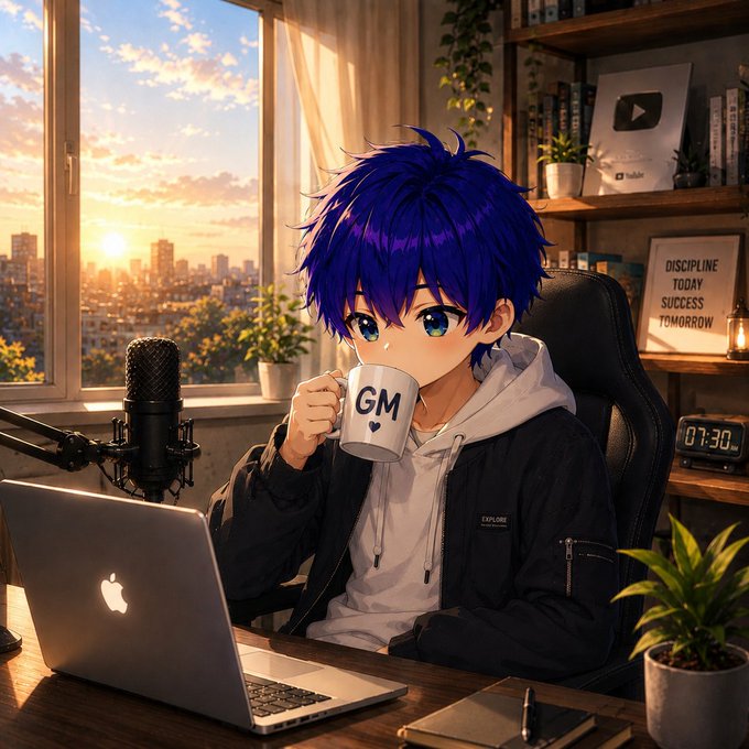 An anime-style illustration of a blue-haired boy drinking from a "GM" mug at a desk with a laptop, microphone, and a "DISCIPLINE TODAY SUCCESS TOMORROW" sign.