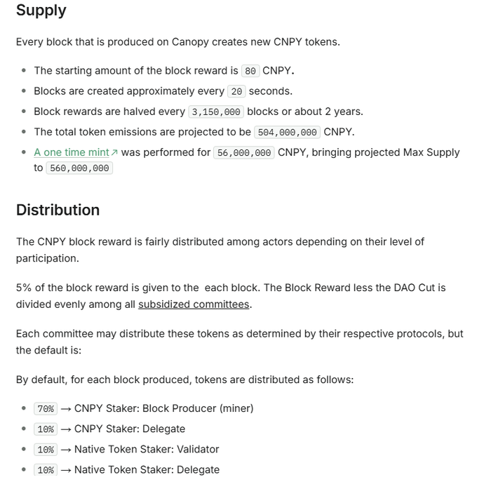 A webpage explaining the Supply and Distribution of CNPY tokens, stating that block rewards start at 80 CNPY, are halved every 3,150,000 blocks, and that by default 70% goes to the CNPY Staker (Block Producer).