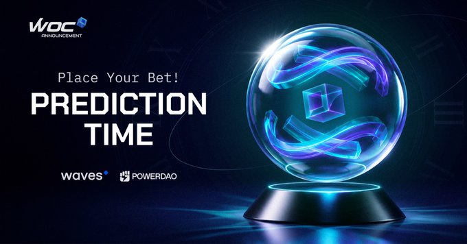 A promotional banner for the WOC (World of Crypto) Prediction Time Announcement, featuring a glowing crystal ball with a cube inside, and logos for Waves and PowerDAO.