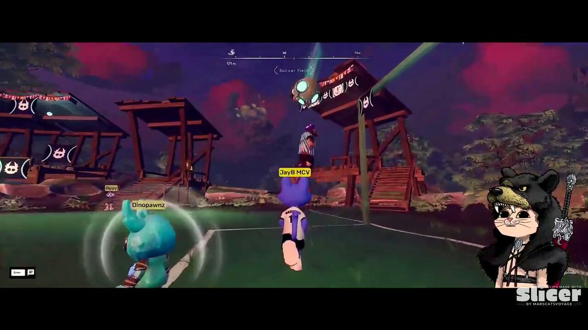 A player named "JayB MCV" wearing a #1 jersey floats near a glowing skull-decorated tower in the Soccer Field area of OthersideMeta, with avatars "Dinopawnz" and "DippY" visible on a green pitch, alongside a bear-like avatar holding a sword in the corner, capturing the lively multi-player vibe from the recent GAME TIME event.