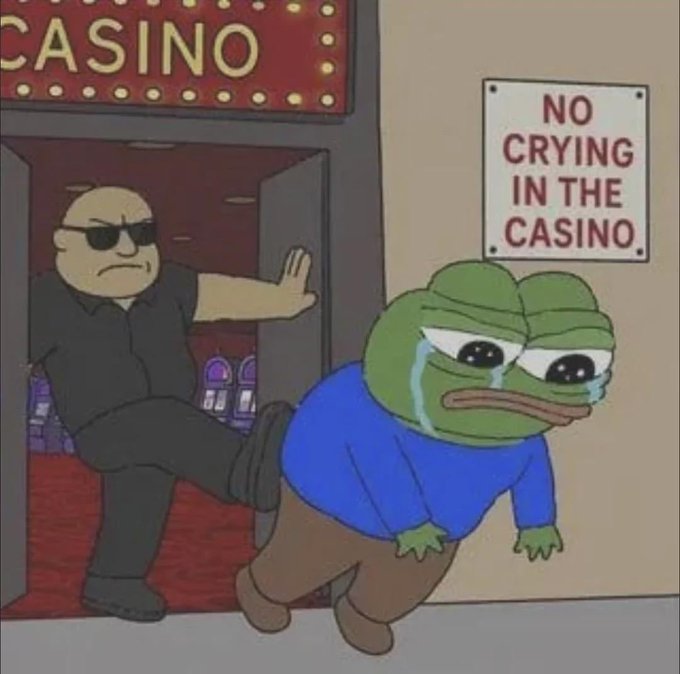 A crying Pepe the Frog is being kicked out of a casino by a bouncer, with a sign on the wall reading "NO CRYING IN THE CASINO." The meme humorously captures the frustration of someone losing funds in crypto bridging, where "no crying" refers to accepting the losses from failed cross-chain transfers with stoic resilience.
