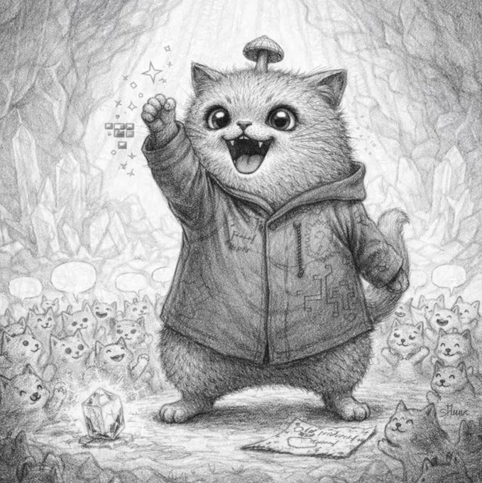 A pencil sketch-style illustration of a cute cat character wearing a hoodie with a mushroom on its head, raising its fist amidst sparkles, surrounded by a crowd of other cats.