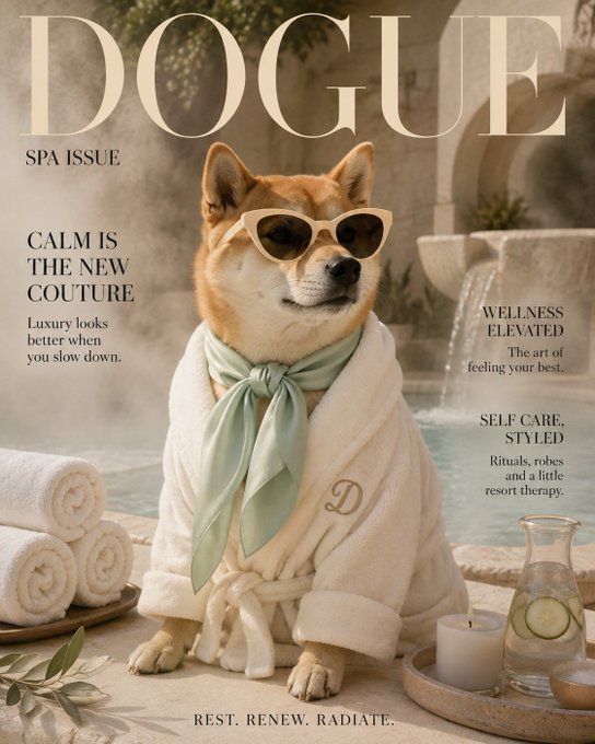 A Vogue Spa Issue cover featuring a Shiba Inu dog wearing white sunglasses and a green scarf, dressed in a white spa robe, with headlines 'CALM IS THE NEW COUTURE' and 'WELLNESS ELEVATED'.