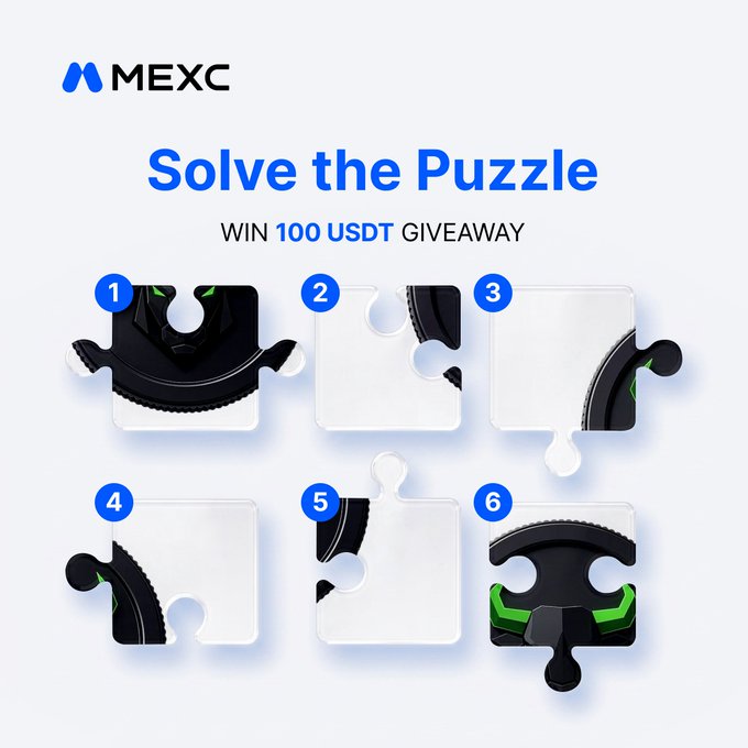 A MEXC-branded promotional graphic for a "Solve the Puzzle" giveaway offering 100 USDT in prizes, displaying a six-piece jigsaw puzzle that combines to form a black and green steering wheel design. The numbered puzzle pieces (1-6) serve as the visual challenge tied to the meme coin giveaway post, inviting users to reassemble the image to win 20 USDT each across 5 lucky winners.