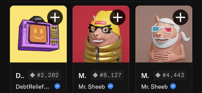 Three NFT digital collectibles are displayed: a purple retro TV named 'DebtRelief...' (#2,202), and two identical 'Mr. Sheeb' figures (#8,127 and #4,443) featuring a character in pizza-themed clothing and 3D glasses.