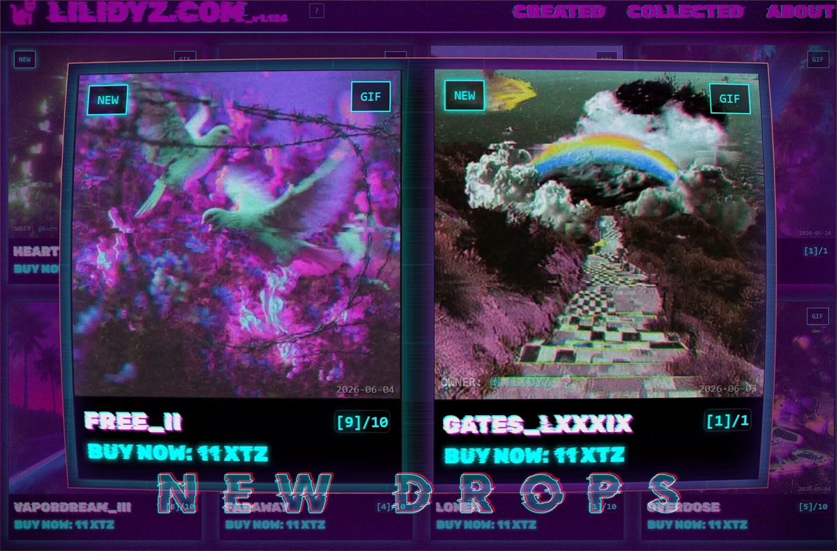 The image shows a computer screen displaying two different album covers for music artists, with one being purple and the other being pink. The purple album cover features a bird flying over a mountain range, while the pink album cover has a rainbow on top of a mountain. Both album covers are available for purchase at a website called "GMEOWWWW".