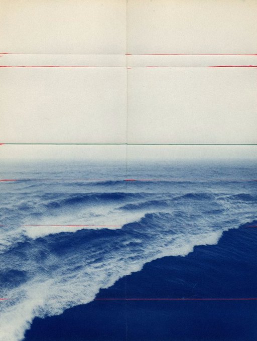 The image features a large, blue ocean with white waves crashing against the shoreline. The photo has been edited using a red outline, which adds an artistic touch to the scene. The caption below the image reads "gm folded horizons #4 Available on @SuperRare". This suggests that the image is part of a collection or series and might be related to a specific theme or artist.