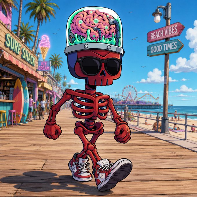 The image features a cartoon character, likely a skeleton or a robot, walking along a boardwalk with sunglasses on its head. The character has a brain sticking out of its skull, giving it a unique appearance. In the background, there are people enjoying their time at various locations such as a surf shop and an ice cream stand.

The post is titled "Bans & Brains" and includes a line that reads: "Focus on what is in the image and how it relates to the post". This suggests that the creator of this image wants viewers to pay attention to the details, like the character's brain sticking out of its skull or the overall composition of the scene.