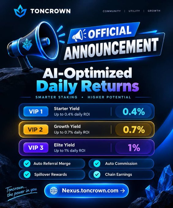 Official announcement from TONCROWN promoting AI-Optimized Daily Returns with VIP tiers offering 0.4% to 1% daily ROI, highlighting features like Auto Referral Merge and Chain Earnings.
