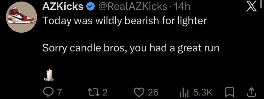 The image shows a tweet from @RealAZKicks posted 14 hours ago with the profile picture displaying a red, white, and black sneaker. The tweet reads "Today was wildly bearish for lighter" followed by "Sorry candle bros, you had a great run" with a candle emoji, receiving 7 replies, 2 reposts, 26 likes, and 5.3K views. The accompanying "pov: ur retarded" post humorously mocks the user for prematurely celebrating a "bearish" day for lighters/candles when the market clearly didn't move that way.