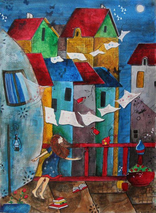 A colorful mixed-media painting of a girl standing on a balcony overlooking a whimsical village with red rooftops and clotheslines.