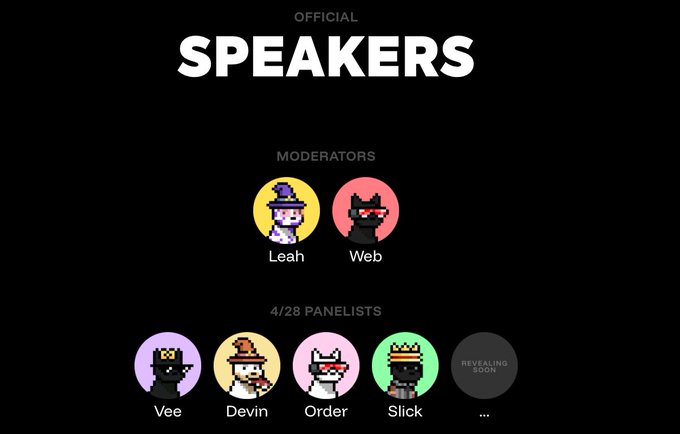 Official Speakers list featuring moderators Leah and Web, plus panelists Vee, Devin, Order, Slick, and a 'Revealing Soon' slot, displayed with pixel-art avatars on a black background.
