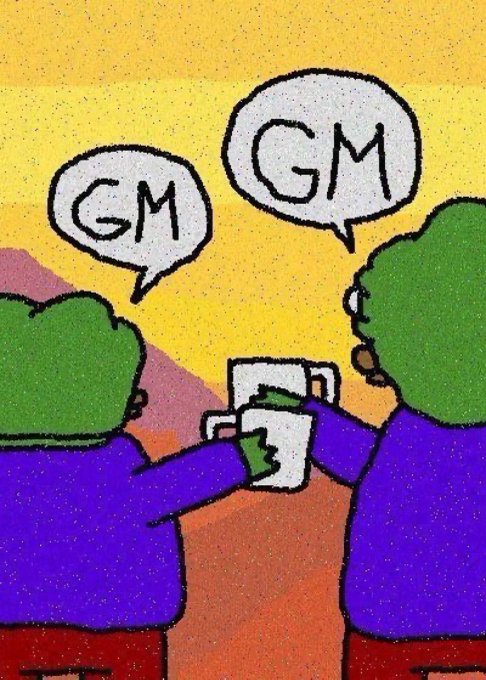 A cartoon illustration of two green-haired figures in purple shirts clinking phones together, with both speech bubbles displaying 'GM' against a yellow background.
