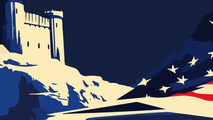 A stylized blue, white, and red patriotic illustration depicting a fortress or castle on a snowy landscape beside a waving American flag.