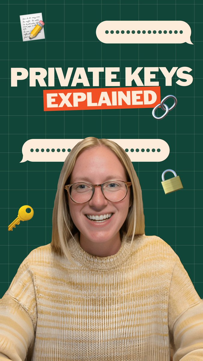 A YouTube-style thumbnail featuring a smiling woman with glasses, titled 'PRIVATE KEYS EXPLAINED,' with graphics of keys, locks, and speech bubbles.