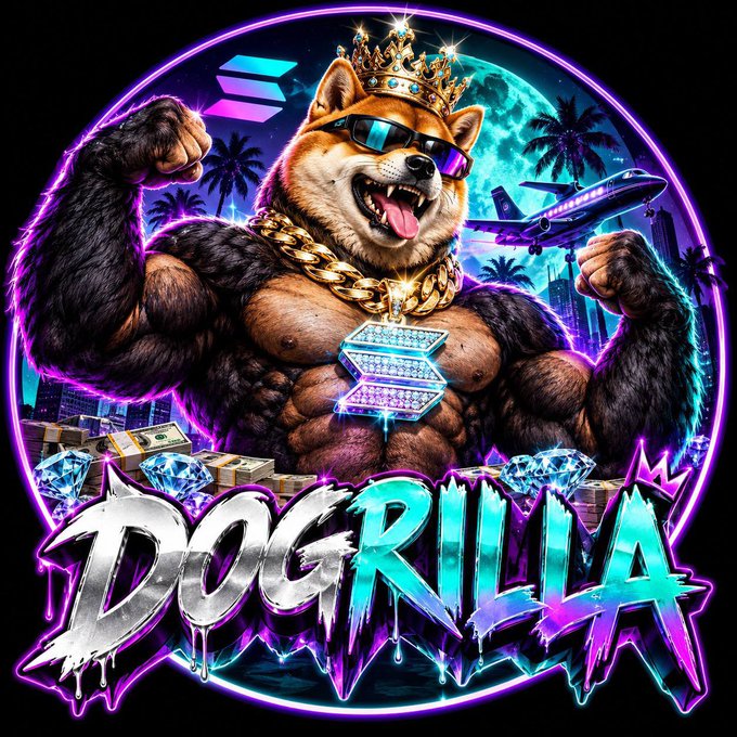 Vibrant digital art titled 'DOGRILLA' depicting a muscular Shiba Inu wearing a crown, sunglasses, and gold chains, flexing against a neon city backdrop with the Solana logo.