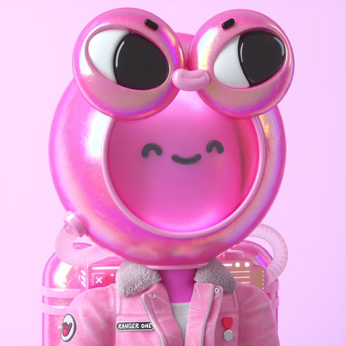 A 3D-rendered pink character with large iridescent goggle-like eyes and a small smile, wearing a pink jacket with a 'RANGER ONE' name tag and a small heart pin.