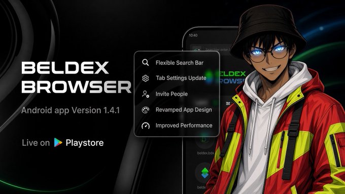 A promotional banner for 'BELDEX BROWSER Android app Version 1.4.1' available on Playstore, featuring an anime-style character in a red jacket and listing features like 'Flexible Search Bar', 'Tab Settings Update', and 'Improved Performance'.