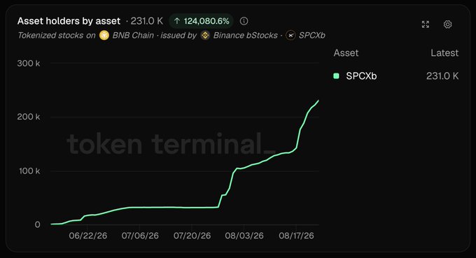 A Token Terminal chart showing 'Asset holders by asset' for SPCXb (a tokenized stock on BNB Chain issued by Binance bStocks) reaching 231.0K holders, up 124,080.6%.