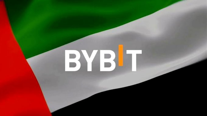 The United Arab Emirates flag fills the background behind the centered white logo text “BYBIT,” with an orange vertical accent in the brand mark.
