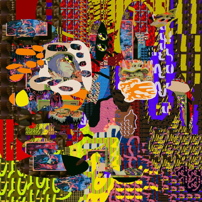 A chaotic, colorful abstract digital artwork with vibrant red, yellow, blue, and purple patterns, featuring a central figure with glowing yellow eyes surrounded by various graphic elements.