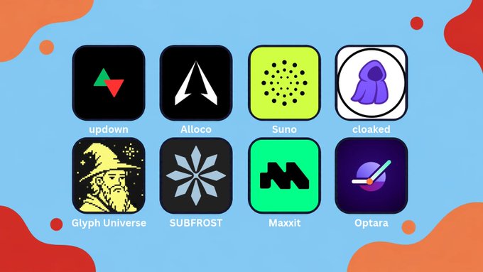A light-blue promotional graphic lists music and creator platform icons: updown, Allooco, Suno, cloaked, Glyph Universe, SUBFROST, Maxxit, and Optara.