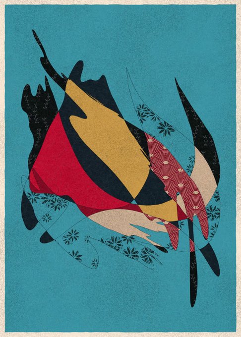 An abstract collage features bold shapes in red, mustard yellow, black, and patterned pink against a teal background, with delicate floral linework weaving through the composition. This vibrant, layered artwork visually represents the "Memories of Qilin" piece mentioned in the post, celebrating its sale to buyers Sydney Weeney and Matt Zhang.