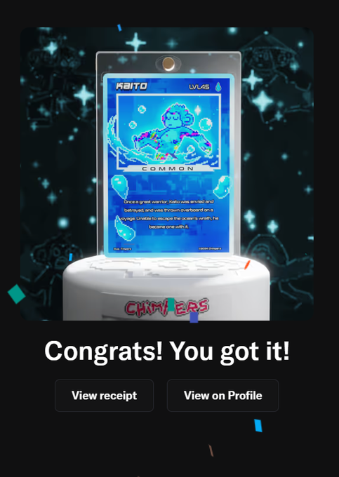 A digital gacha-style reward screen congratulating the player with 'Congrats! You got it!' for a 'KAITO' common drop, branded with 'CHIMKERS'.