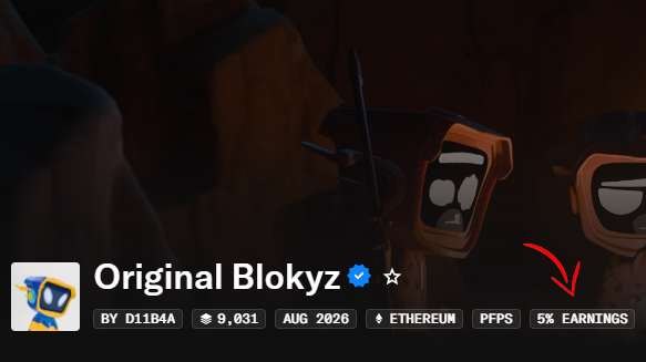 A dark digital artwork showing blocky characters with sunglasses and a spear, labeled 'Original Blokyz' by D1B4A, with tags indicating 9,031 items, Aug 2026, Ethereum, PFPS, and 5% Earnings, with a red arrow pointing to the last tag.