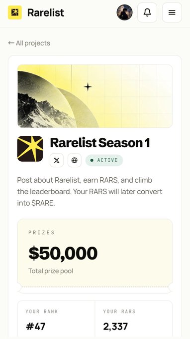 A Rarelist page titled “Rarelist Season 1” displays a project banner, an “ACTIVE” badge, the description “Post about Rarelist, earn RARS, and climb the leaderboard. Your RARS will later convert into $RARE,” a “$50,000” total prize pool, rank “#47,” and “YOUR RARS 2,337.”