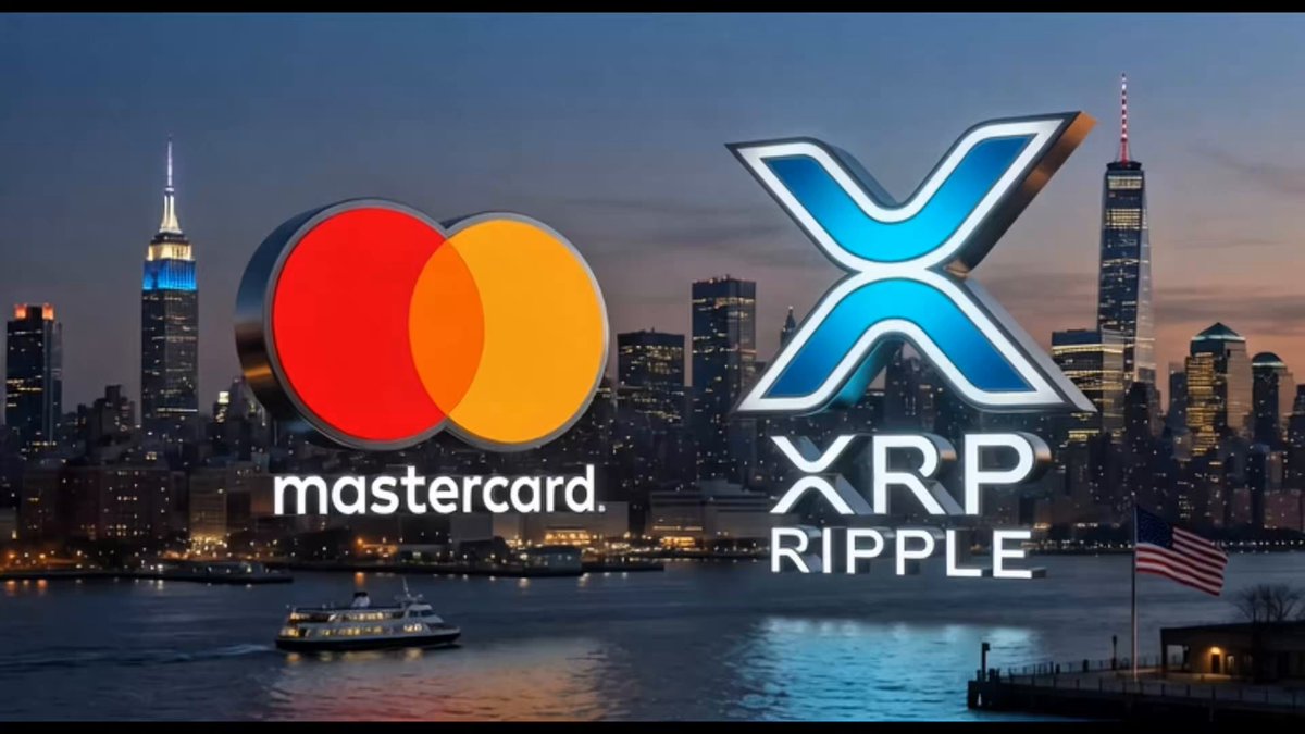 The image features a city skyline at dusk, with the Mastercard logo prominently displayed above it. Below the Mastercard logo, there's Ripple, an alternative cryptocurrency, along with the XRP logo. The text "RIPPLE x MASTERCARD" is written in white letters below the Mastercard logo, and "RIPPLE XRP" is written in blue letters below the Ripple logo. The image also includes a boat on the water near the city skyline, suggesting that the city has a waterfront or riverfront area.