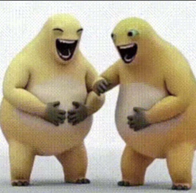 Two CGI yellow, humanoid creatures stand against a white background, smiling broadly and appearing to laugh together.
