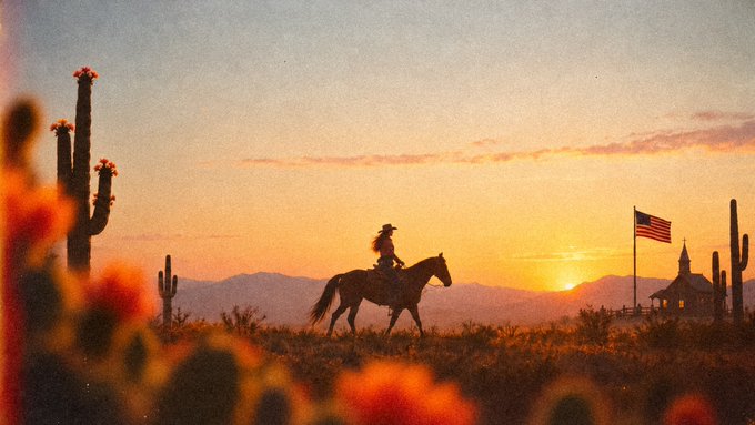 A lone cowboy on horseback rides through a desert landscape at sunset, framed by silhouettes of saguaro cacti, an American flag, and a distant church. The image evokes themes of freedom, identity, and the American frontier, visually complementing the post's reflection on cultural belonging and pursuing dreams as an Asian-American.
