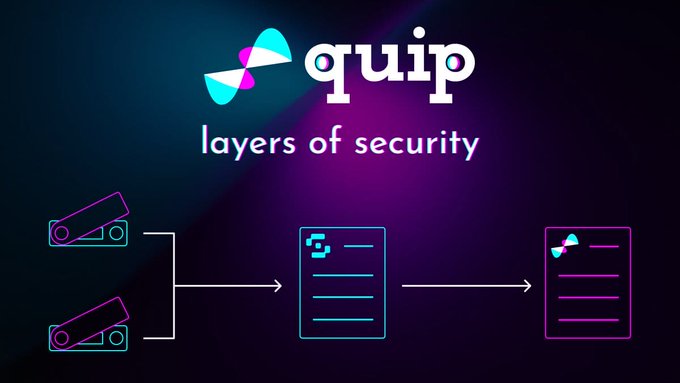 The image features a poster with a purple background that displays the text "quip" at the top and "Layers of Security" below it. The poster also includes three blue boxes representing different layers of security, each labeled with its name. The first box is labeled "Layers", the second one is labeled "Security", and the third one is labeled "Transactions". The text on the poster reads: "Most blockchain networks are still being built for today's challenges. What interests me about @quipnetwork is its focus on preparing for tomorrow'S."