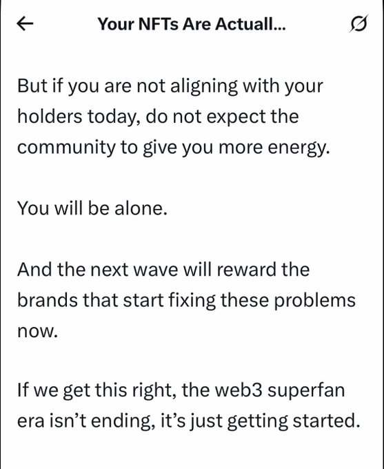 A social media post titled 'Your NFTs Are Actually...' warning that brands not aligning with their holders will be alone, and that the next wave will reward brands fixing these problems now, suggesting the web3 superfan era is just getting started.