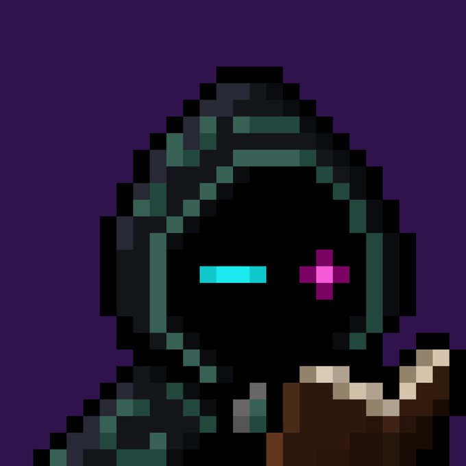 A pixel art illustration of a hooded figure against a dark purple background, with glowing cyan and magenta eye designs and a scar across the face.