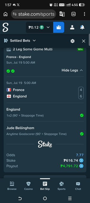 A Stake.com sports betting app screenshot showing a winning settled bet for France vs England on July 19, with odds of 7.77, stake of ₱616.74, and payout of ₱4,791.72.