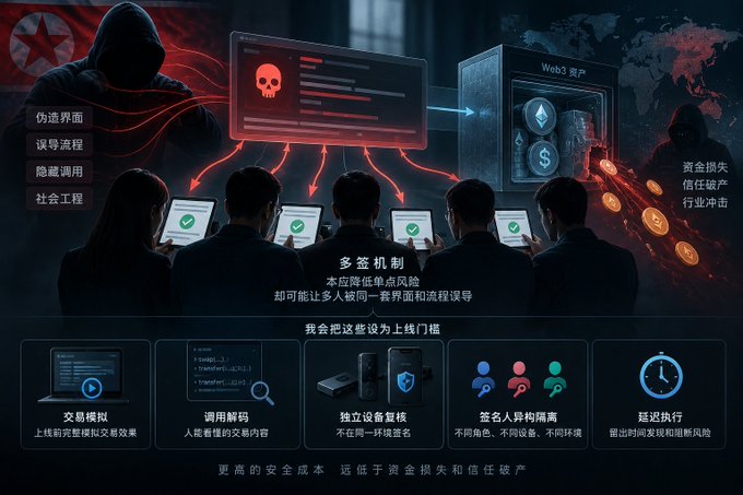 A Chinese-language infographic warns about cryptocurrency security risks, showing hooded figures and phishing attacks connected to a 'Web3 资产' (Web3 assets) safe, listing defenses like transaction simulation, decoding, and delayed execution.