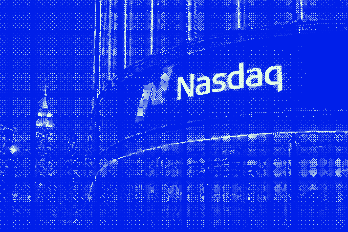 A stylized blue-tinted image of the Nasdaq stock exchange signage on a building facade, with the Empire State Building visible in the background, processed with a dotted/halftone visual effect.