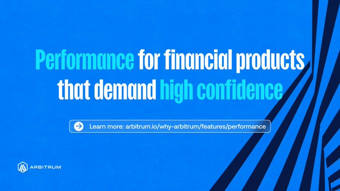 The image features a blue banner with white text that reads "Performance for financial products that demand high confidence". The background of the image has black stripes running across it. Below this, there are two lines of text written in white, which read "Learn more about Arbitrum on our website" and "Why Arbitrum is better than other payment solutions."